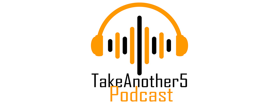 TakeAnother5 Podcast Logo: The bright yellow-orange silhouette of a pair of headphones appears to be transmitting sound back and forth via alternating bright yellow-orange and black bars of differing lengths which are passing between the two headphone speakers. Underneath this icon are the words 'TakeAnother5' in black. Underneath the text 'TakeAnother5' is the text 'Podcast' in the same bright yellow-orange as the above headphone silhouette.