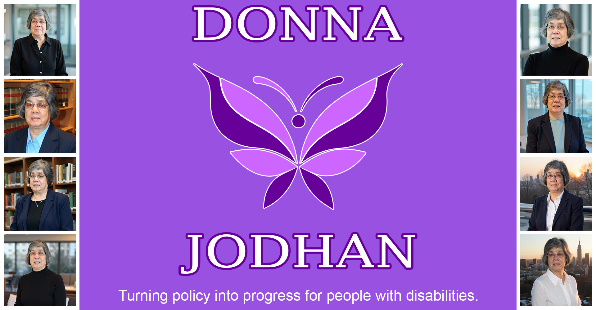 A stylized purple butterfly with wings made of smooth, curved shapes in two shades of purple, outlined in white. Above the butterfly, in bold capital letters, is the name 'DONNA' in white. Below the butterfly, also in bold capital letters, is the surname 'JODHAN' in white. Under the name is the tagline in smaller white text: 'Turning policy into progress for people with disabilities.' On the left and right, 4 photos of Donna Jodhan in various professional settings.